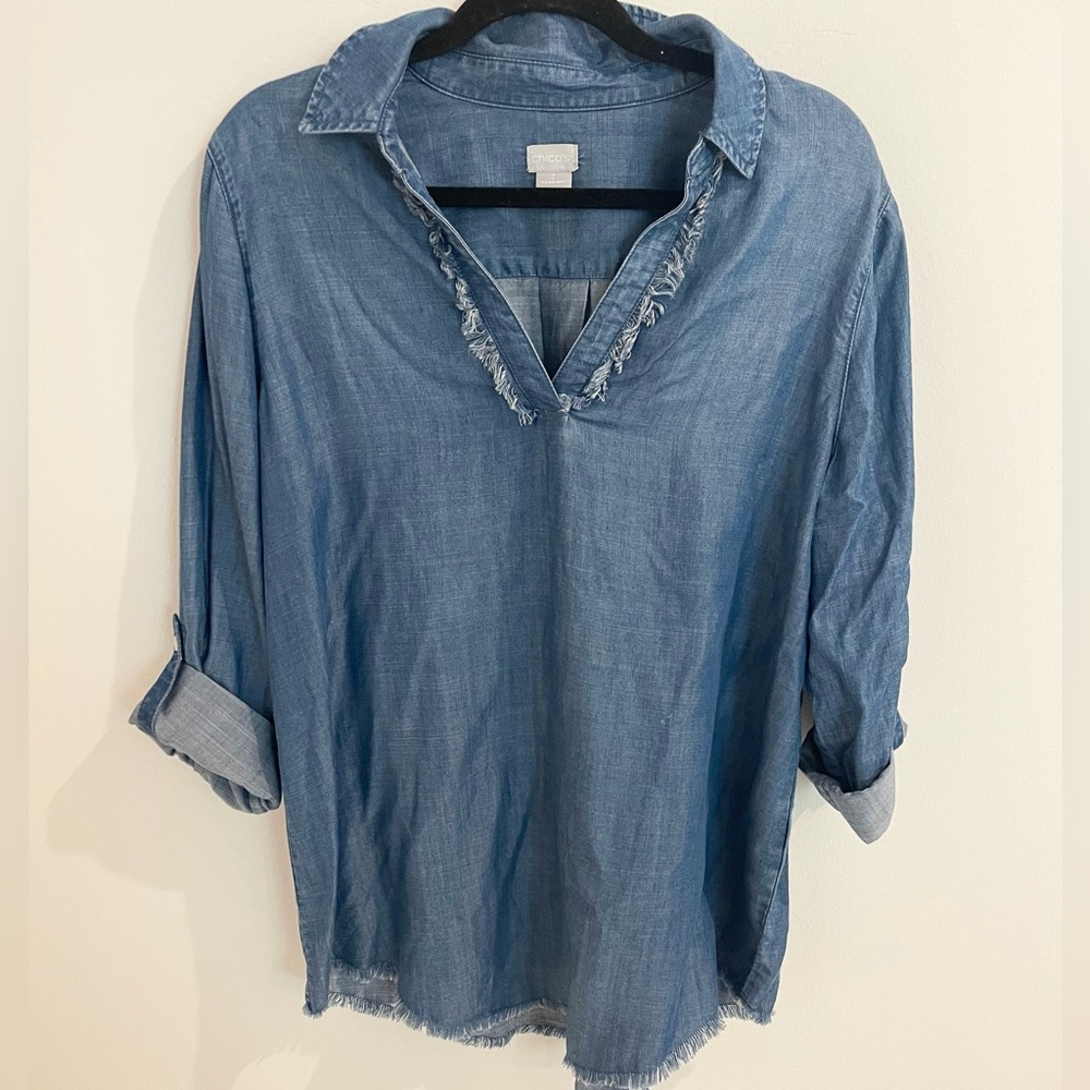 Chico’s Size 2 Chambray Fringe Trim Top – Blue